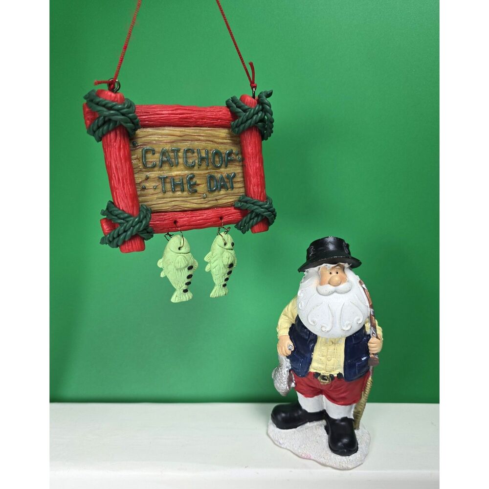 Vintage Ornaments Fisherman Santa Claus Figure & Hanging Catch Of The Day Sign